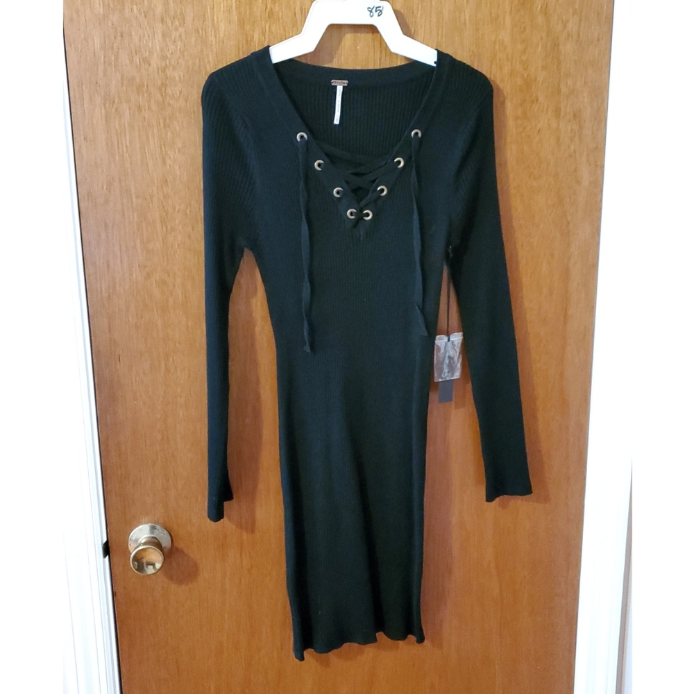 Black Lace Up Sweater Dress - NWT